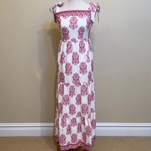 Aveloria Pink Floral Smocked Maxi Dress Tie Straps Cottagecore Boho M
